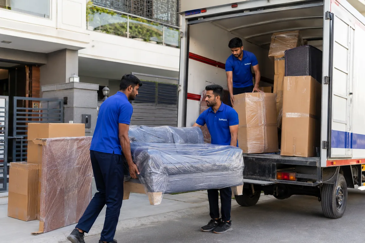 SoMaxx home movers loading protected furniture